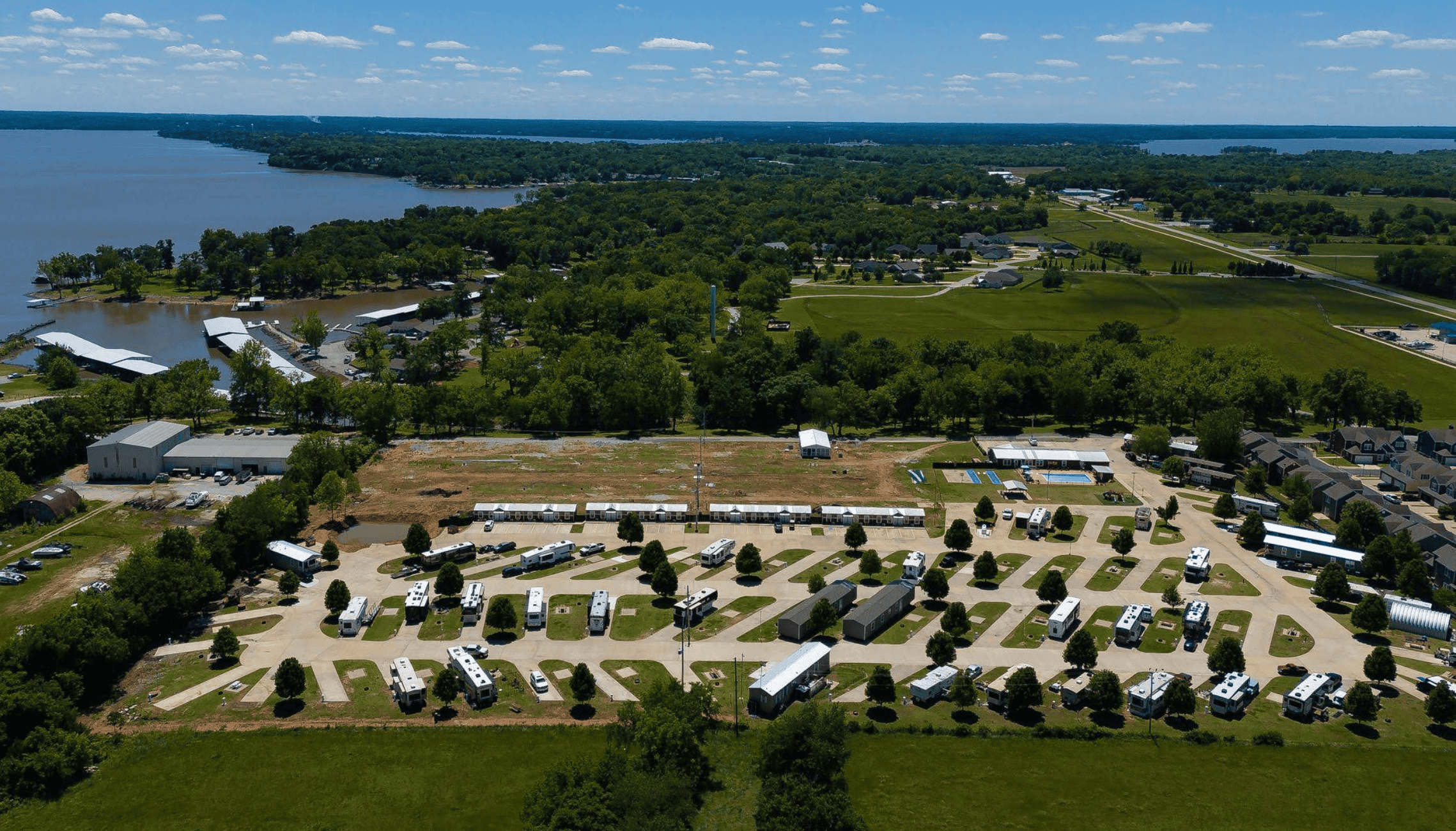 Aerial view of Monkey Island RV Resort near Grand Lake