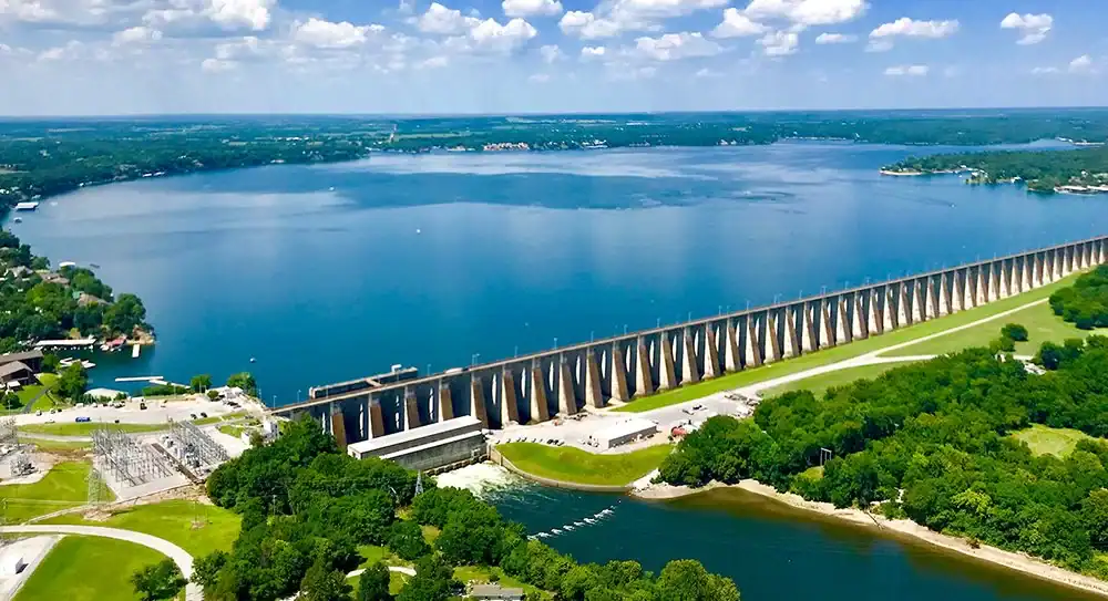 Aerial view of Grand Lake and the Pensacola Dam area